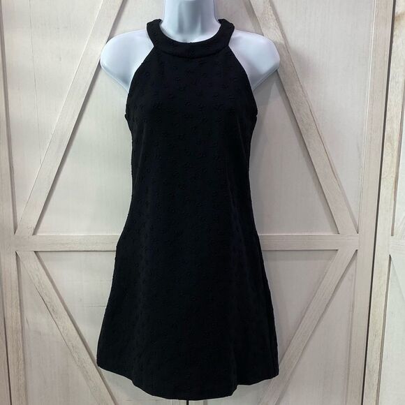 Betsey Johnson Halter Style Solid Black Swing Dress With Raised Rose Design - Picture 5 of 12